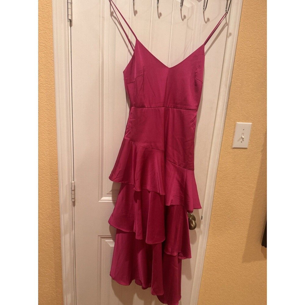 Charming Crush Hot Pink Satin Tiered Ruffled Midi Dress size xs - Picture 5 of 11